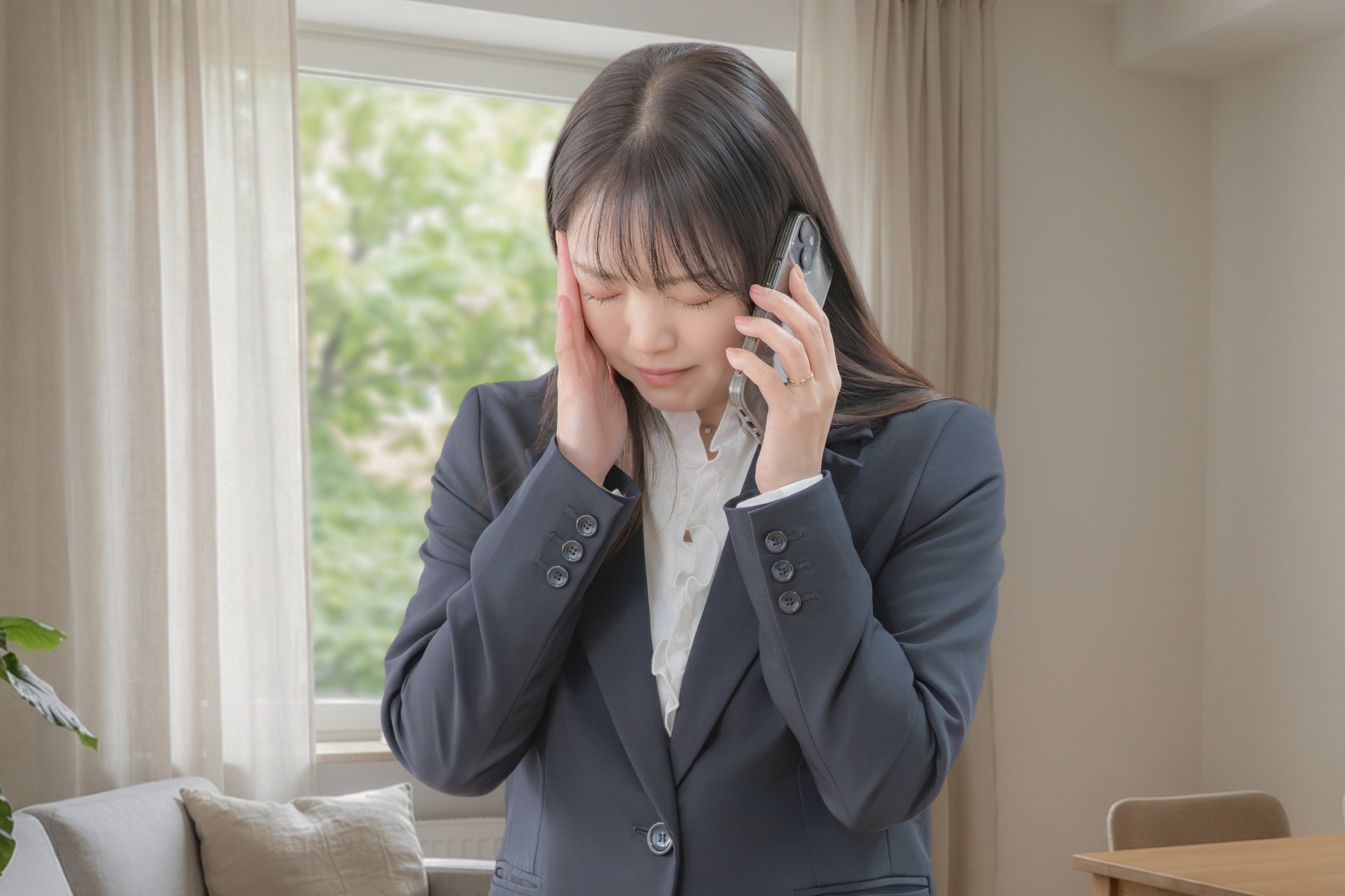 電話中に苦しそうな表情のスーツの女性